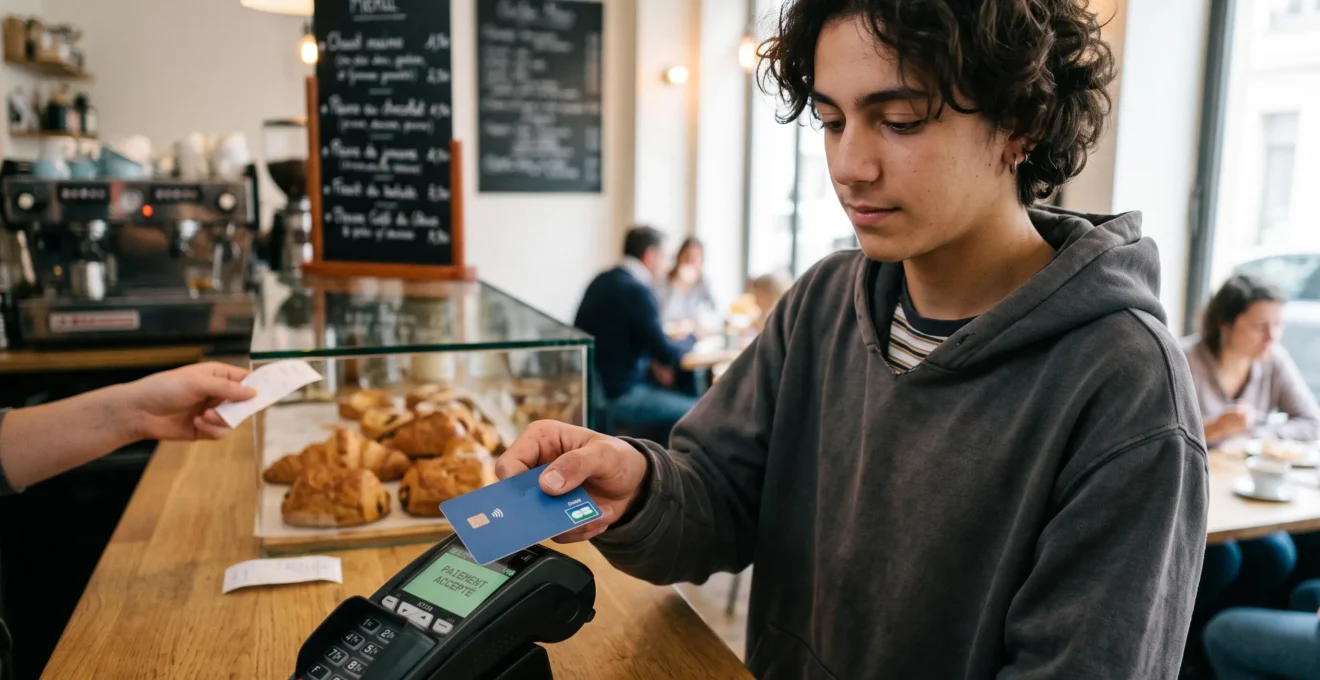 Un adolescent effectue un paiement sans contact avec sa carte bancaire dans un commerce français, illustrant l'autonomie financière des jeunes