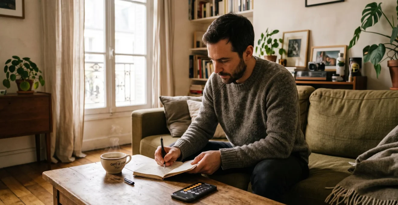 Homme d'une quarantaine d'années assis dans un canapé chez lui, en train de noter des calculs dans un carnet, avec un smartphone et une tasse de café sur la table basse