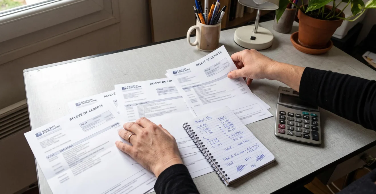 Vue en plongée sur une table de travail où deux mains féminines organisent des relevés de livrets d'épargne, un carnet avec des calculs manuscrits et une calculatrice