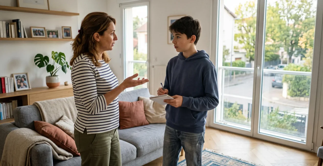 Un parent et son adolescent discutent ensemble de gestion financière dans un salon moderne français, dans une interaction naturelle et bienveillante