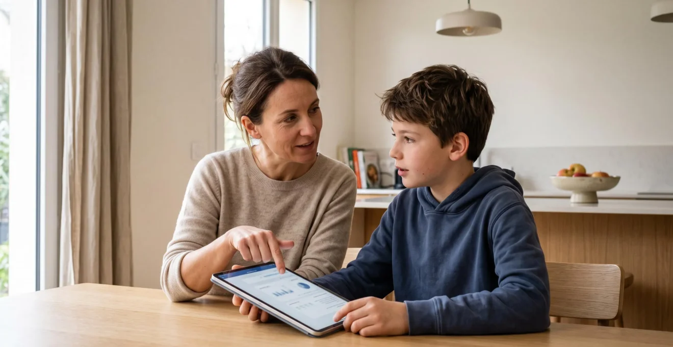 Un parent et son enfant consultent ensemble une tablette pour suivre les opérations bancaires, illustrant le contrôle parental bienveillant