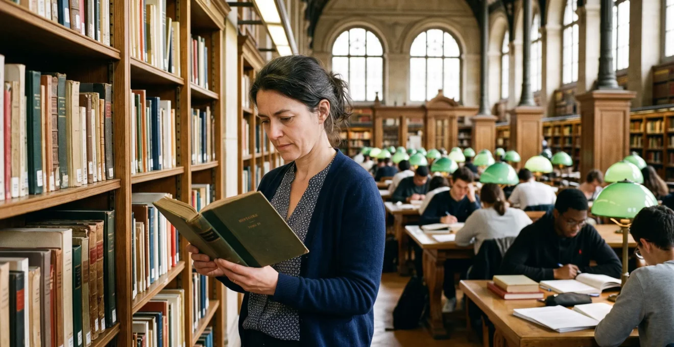 Femme d'une quarantaine d'années dans une bibliothèque, consultant de la documentation financière avec une expression réfléchie